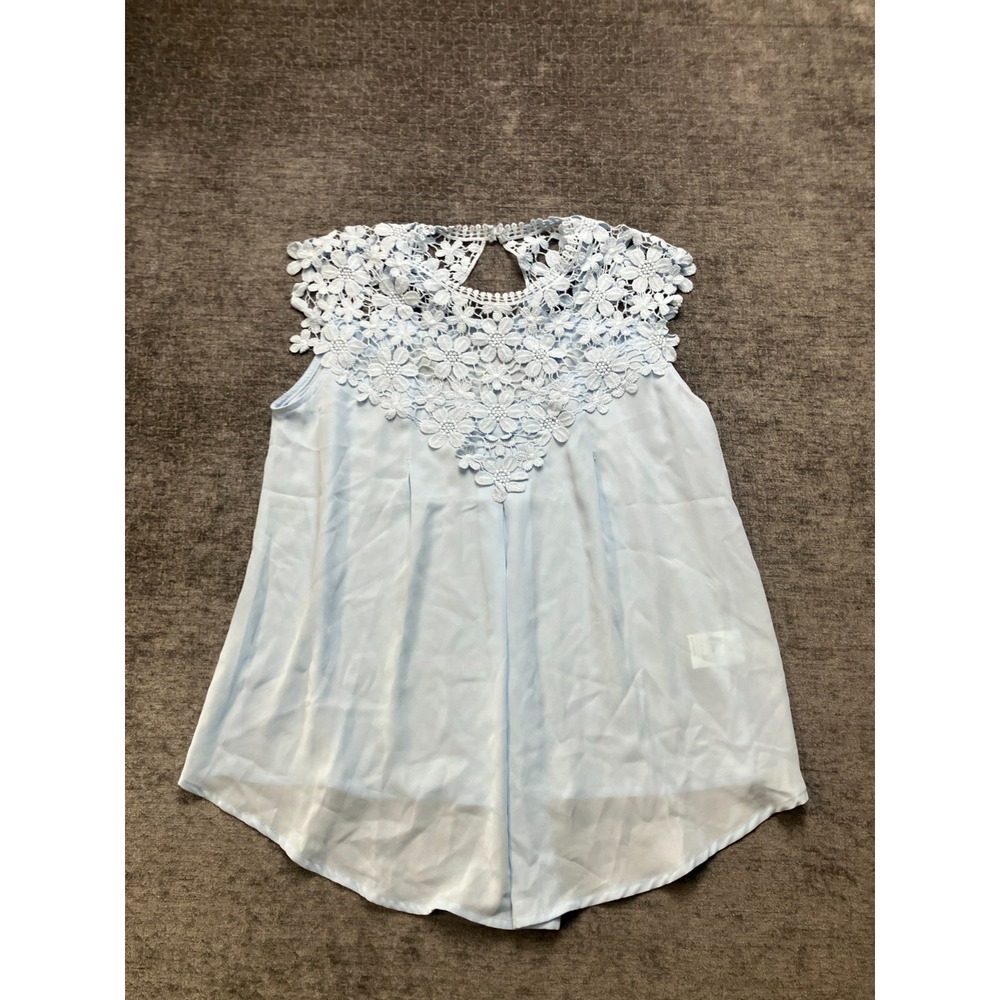 Shein Blouse Womens L Light Blue Crochet Lace Sleeveless Trendy Feminine Casual